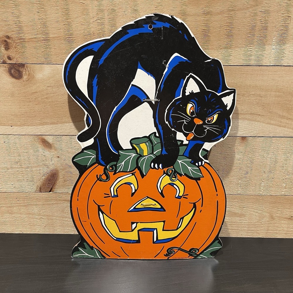 Vintage Spooky Chic Halloween Black Cat & Jack-O-Lantern Die Cut Decoration RARE